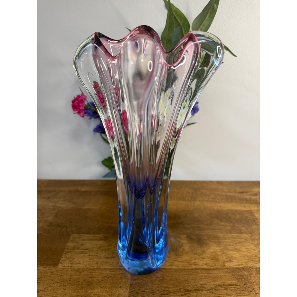 Vintage Czech Art Glass Vase Blue Pink Clear Chribska Joseph Hospodka MCM